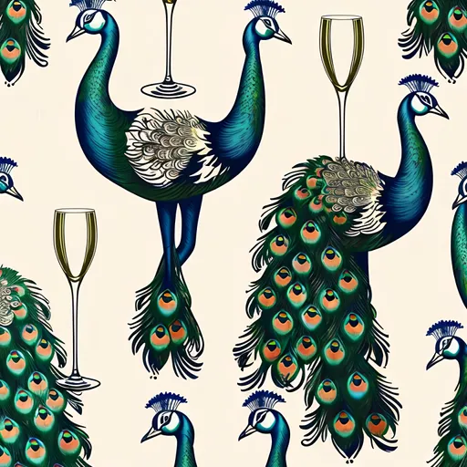 Prompt: repeating pattern in the style of wrapping paper of a strutting peacock, followed by a champagne glass. repeating at least 4 times on the page,. whimsical and fun