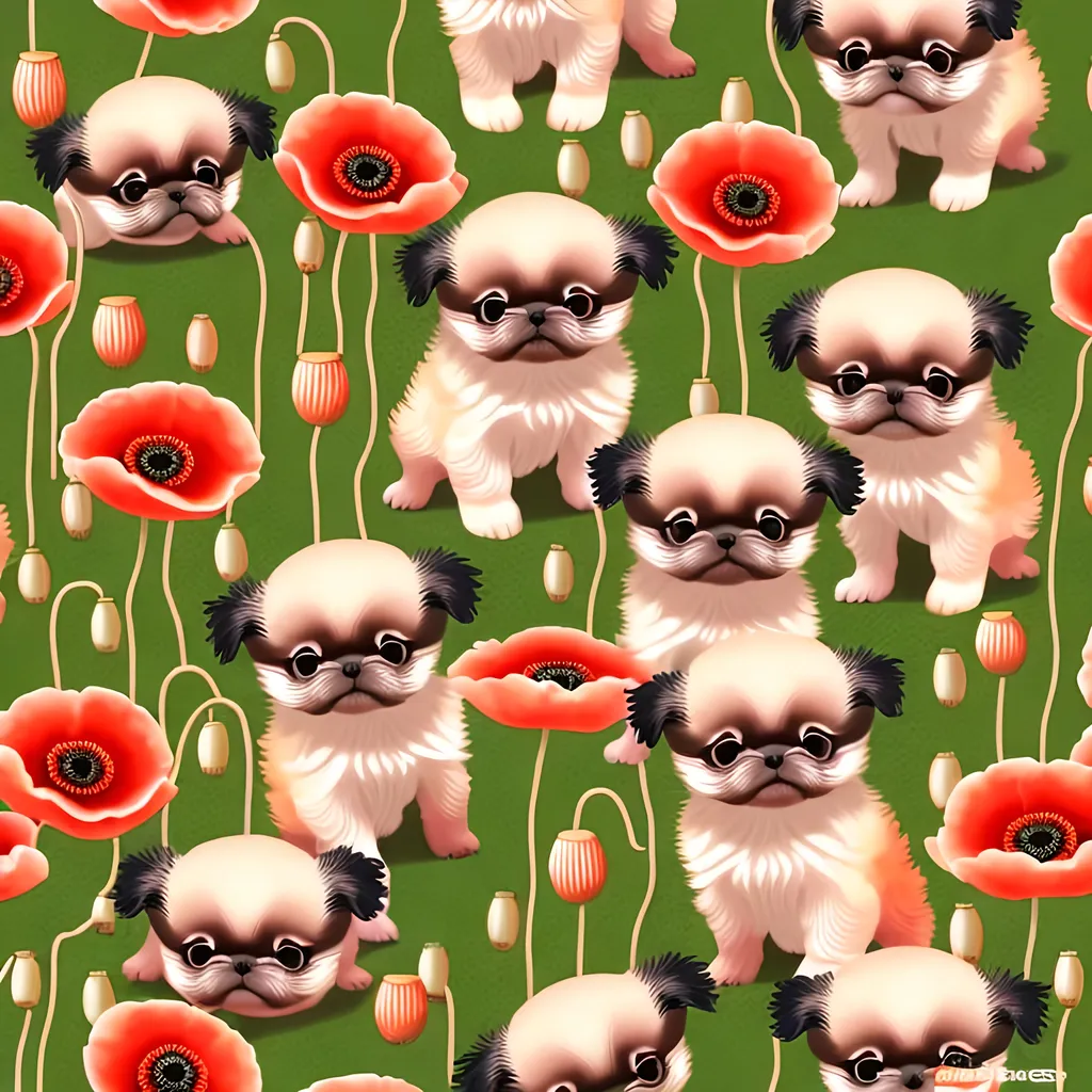 Prompt: repeating pattern of tiny pekinese puppies playing together.

background of highly detailed poppy flowers. artistic quality. photorealistic.