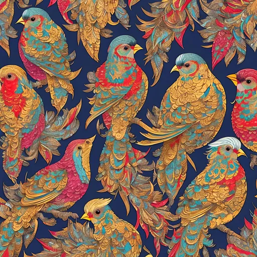 Prompt: Wrapping paper style pattern with vibrant birds, high detail, artistic quality, vibrant colors, intricate patterns, ornate design, detailed feathers, high-quality illustration, decorative, elegant, colorful, intricate linework, professional, vibrant palette, detailed artwork, best quality. high contrast colors