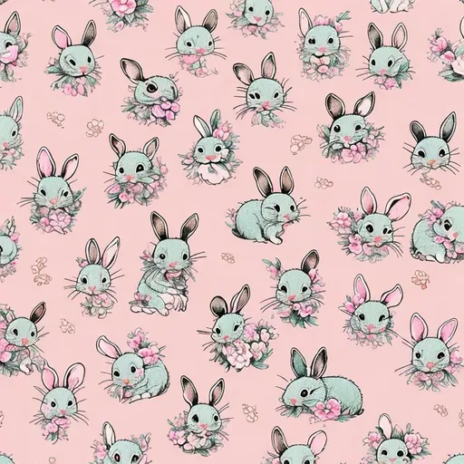 Prompt: repeating pattern for use in wrapping paper of pattern of playful TINY baby bunnies, vibrant floral background, high quality, detailed fur and floral, pastel colors, cute and whimsical, 2D illustration, playful bunnies, vibrant flowers, detailed pattern, high quality, whimsical, adorable, sweet and cute, floral background, 2D illustration, soft lighting, commercial quality.

No output should cross the borders of the artwork so the image may be repeated without interruption