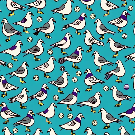 Prompt: cartoon style wrapping paper design of "pigeons playing ping pong". repeating pattern. silly. fun. whimsical. 2-d art. 
