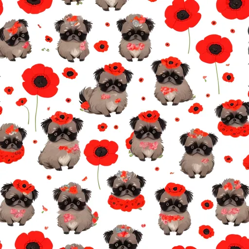 Prompt: wrapping paper design with a whimsical repeating pattern of tiny pekingese dogs surrounded by poppies, vibrant and playful colors, light-hearted and fun, high quality, cute and charming, seamless design, professional, vibrant colors, playful cartoon style, whimsical, repeating pattern, best quality, highres, pekingese