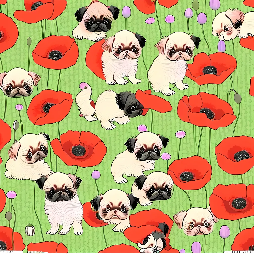 Prompt: repeating pattern of tiny pekinese puppies in a garden of poppy flowers. artistic quality. image contained to borders of canvas