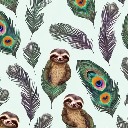 Prompt: Wrapping paper pattern of sloths in front of a peacock feather pattern, colorful and vibrant, high quality, detailed illustration, cute and whimsical style, pastel tones, soft lighting, sloths, peacock feathers, vibrant colors, detailed illustration, whimsical style, cute animals, colorful design, seamless pattern, best quality, highres, pastel tones, soft lighting