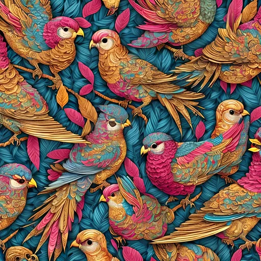 Prompt: Wrapping paper style pattern with vibrant birds, high detail, artistic quality, vibrant colors, intricate patterns, ornate design, detailed feathers, high-quality illustration, decorative, elegant, colorful, intricate linework, professional, vibrant palette, detailed artwork, best quality. high contrast colors