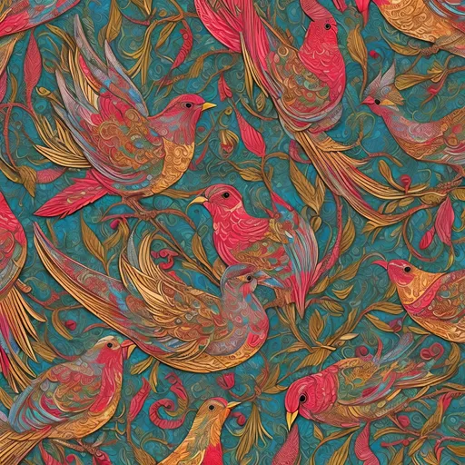 Prompt: Wrapping paper style pattern with vibrant birds, high detail, artistic quality, vibrant colors, intricate patterns, ornate design, detailed feathers, high-quality illustration, decorative, elegant, colorful, intricate linework, professional, vibrant palette, detailed artwork, best quality