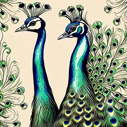 Prompt: repeating pattern of a strutting peacock, followed by a champagne glass. repeating at least 4 times on the page,. whimsical and fun