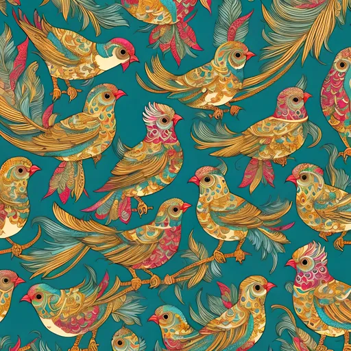 Prompt: Wrapping paper style pattern with vibrant birds, high detail, artistic quality, vibrant colors, intricate patterns, ornate design, detailed feathers, high-quality illustration, decorative, elegant, colorful, intricate linework, professional, vibrant palette, detailed artwork, best quality. high contrast colors