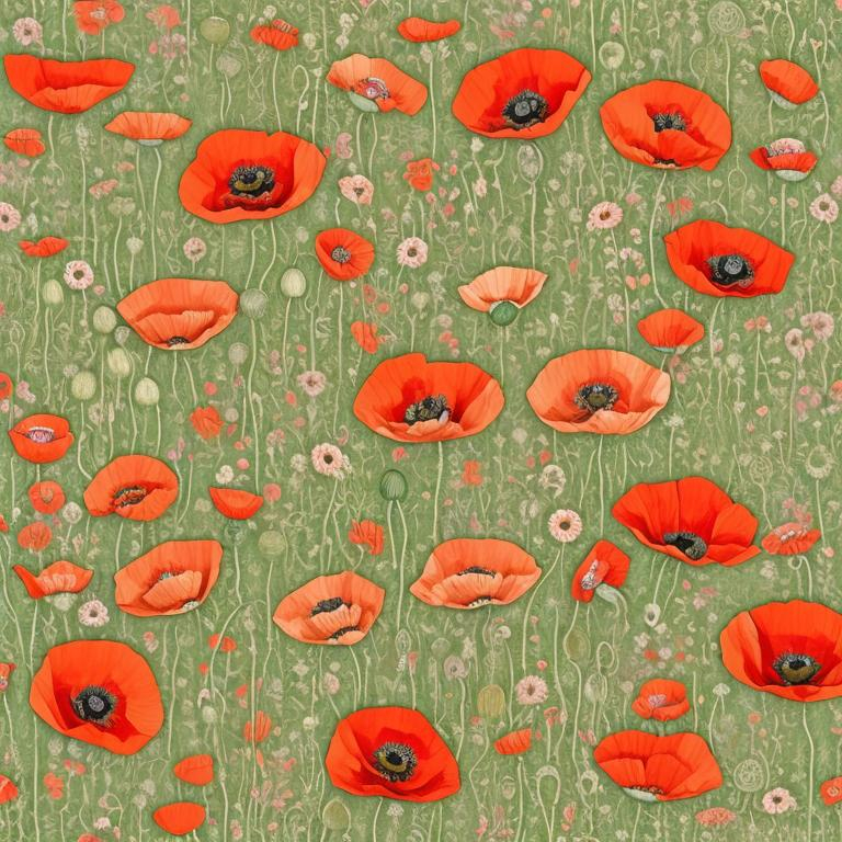 Prompt: repeating pattern of tiny pekinese poppies in a garden of poppy flowers. artistic quality. image contained to borders of canvas