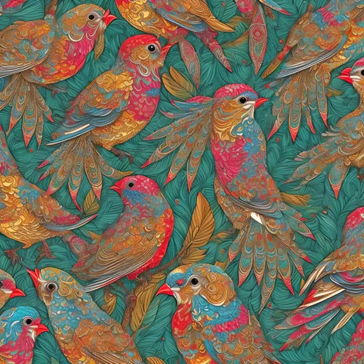 Prompt: Wrapping paper style pattern with vibrant birds, high detail, artistic quality, vibrant colors, intricate patterns, ornate design, detailed feathers, high-quality illustration, decorative, elegant, colorful, intricate linework, professional, vibrant palette, detailed artwork, best quality