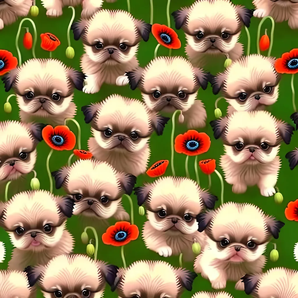 Prompt: repeating pattern of tiny pekinese puppies playing together.

background of highly detailed poppy flowers. artistic quality. photorealistic.