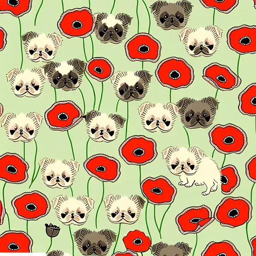 Prompt: repeating pattern of tiny pekinese puppies in a garden of poppy flowers. artistic quality. image contained to borders of canvas