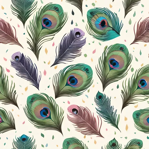 Prompt: Wrapping paper pattern of sloths in front of a peacock feather pattern, colorful and vibrant, high quality, detailed illustration, cute and whimsical style, pastel tones, soft lighting, sloths, peacock feathers, vibrant colors, detailed illustration, whimsical style, cute animals, colorful design, seamless pattern, best quality, highres, pastel tones, soft lighting. the entire background should be peacock feathers with no white sapce.
