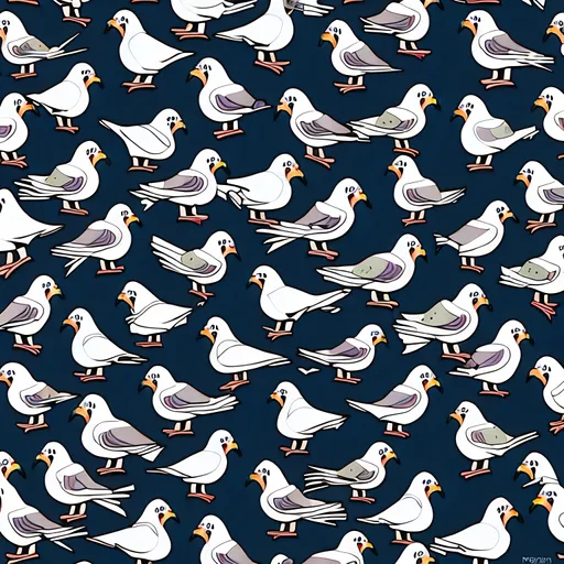 Prompt: cartoon style wrapping paper design of pigeons playing ping pong. repeating pattern. silly. fun. whimsical. 2-d art. 
