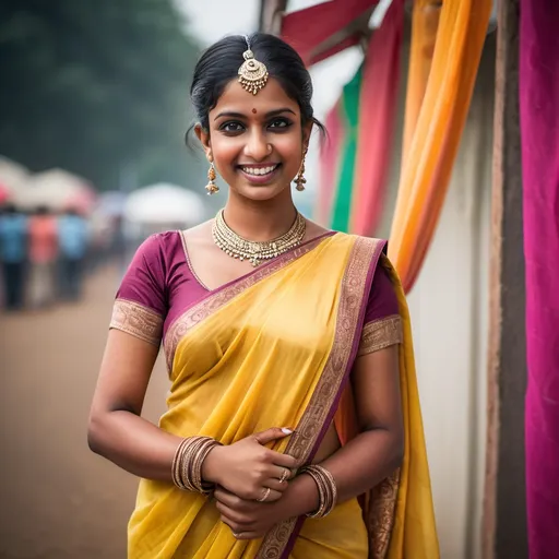 Prompt: Glamour photography of woman in India in the style of smile, saree fair 