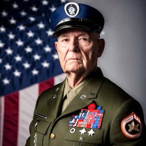 Prompt: Portrait of a military veteran in uniform, with strong, directional lighting
