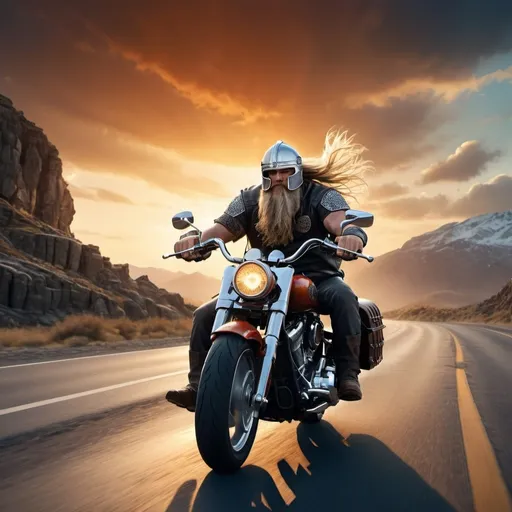 Prompt: Viking with viking helmet driving harley davidson 