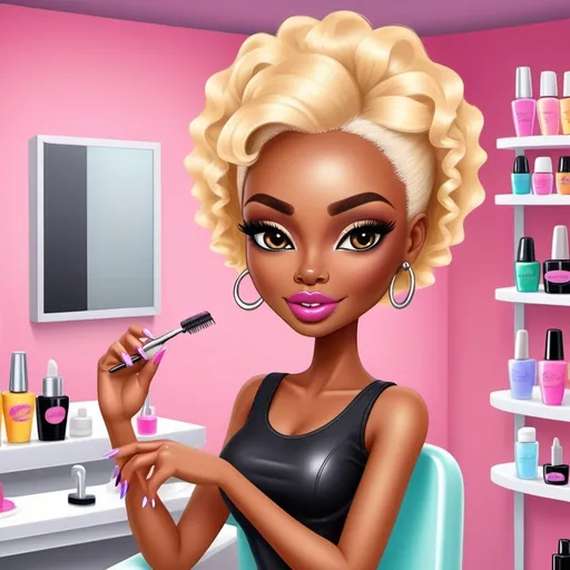 Prompt: create a  bratz african american realistic cartoon woman  with a blonde short hair wearing eyelashes and nails. sitting  in a nail salon getting a pedicare