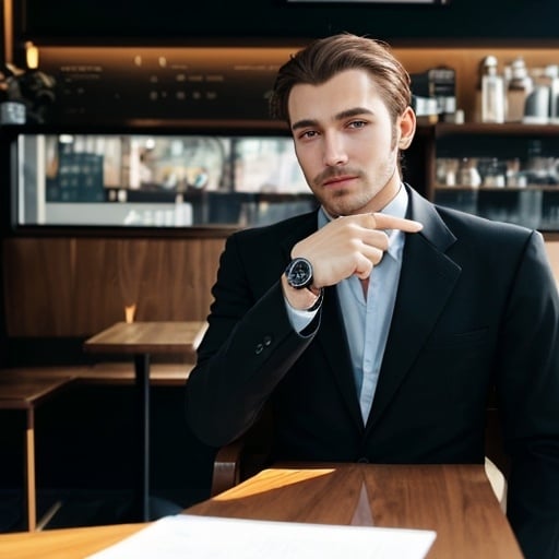 Prompt: A man sits on a chair in a café, wearing a business suit and pointing to his watch