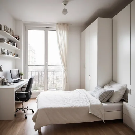 Prompt: In my bedroom there is a bed next to a wardrobe. The desk is next to the window and I have a balcony. White furniture and walls