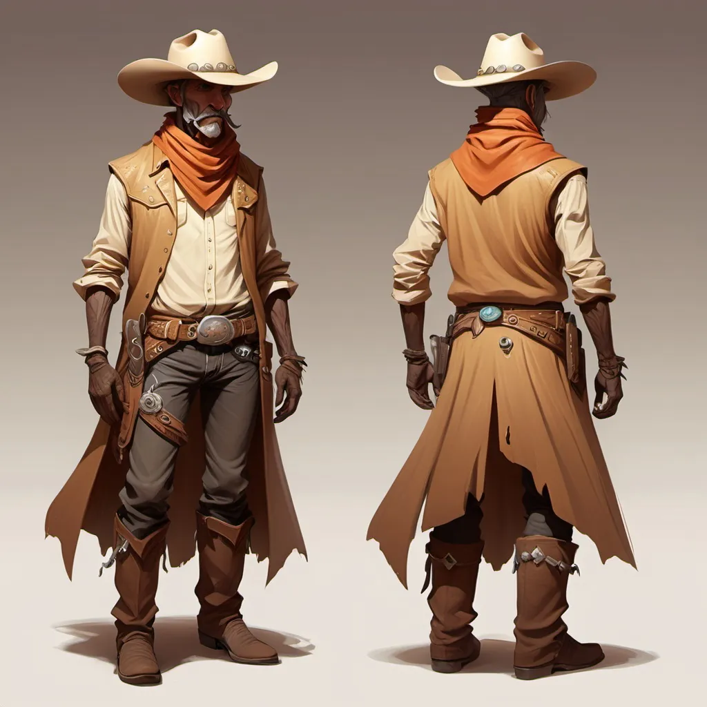 Prompt: make for me an old fantasy desert character with a cowboy concept