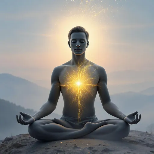 Prompt: Meditating figure, golden spark pulses in chest, serene nature