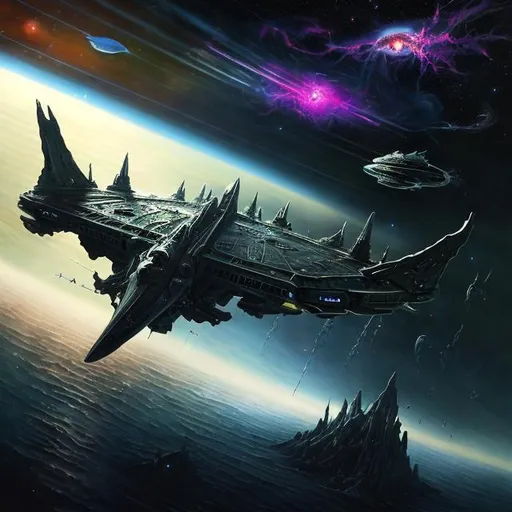 Prompt: Surrealism depiction of the Starship Enterprise vs the Shrike, Barnard 68 nebula pulling them in, giant space amoeba at nebula center, sports model UFO firing, highres, detailed surrealism, cosmic color palette, intense lighting, sci-fi, space battle, surreal atmosphere, detailed ships, futuristic scene, cosmic, intense lighting, abstract