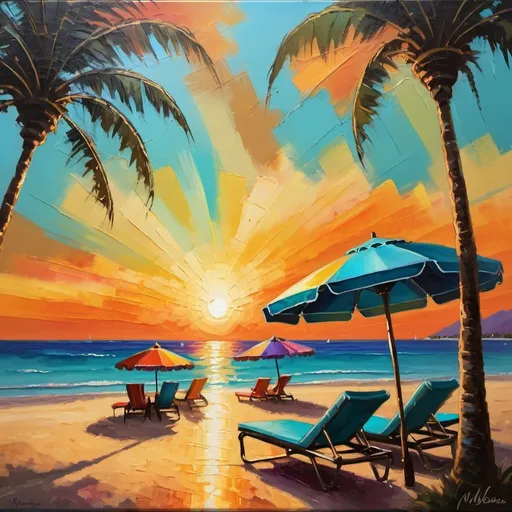Prompt: Vibrant sunset painting of a majestic beach, golden sand and turquoise waters, palm trees silhouetted against the horizon, colorful beach umbrellas and lounge chairs, lively atmosphere, high quality, detailed brushwork, impressionist, warm tones, dramatic lighting