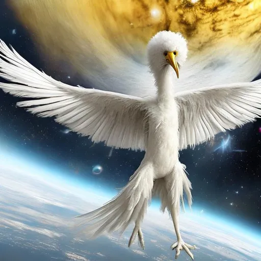 Prompt: White big bird with long head sitting on earth on space
