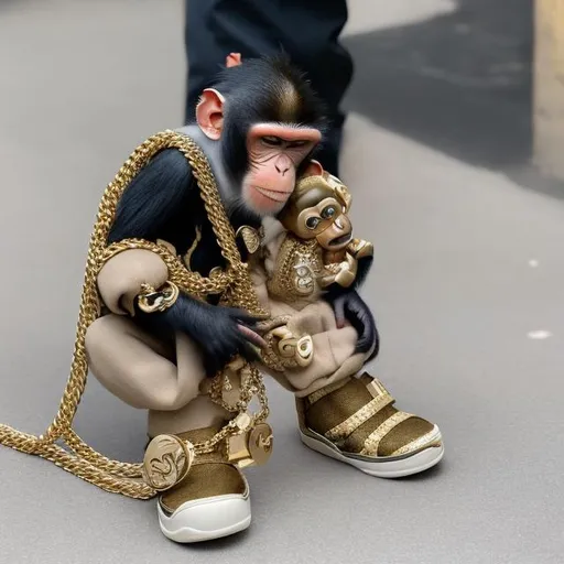 Prompt: Monkey with air fotce shoes on his feetsand Gucci bag and big gold chain on neck