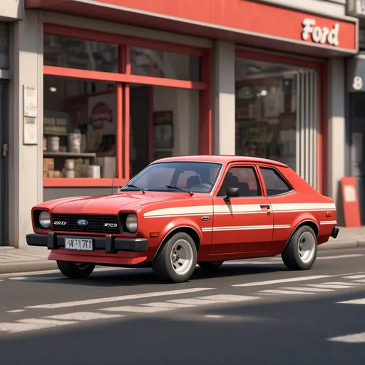 Prompt: car based on brazilian ford model corcel 1977 red color, white stripe tire high-quality details, realistic, parked at street in front of a shop named FORD at 11:00 am.