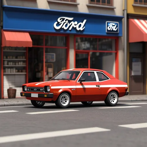 Prompt: car based on brazilian ford model corcel 1977 red color, white stripe tire high-quality details, realistic, parked at street in front of a shop named FORD at 11:00 am.