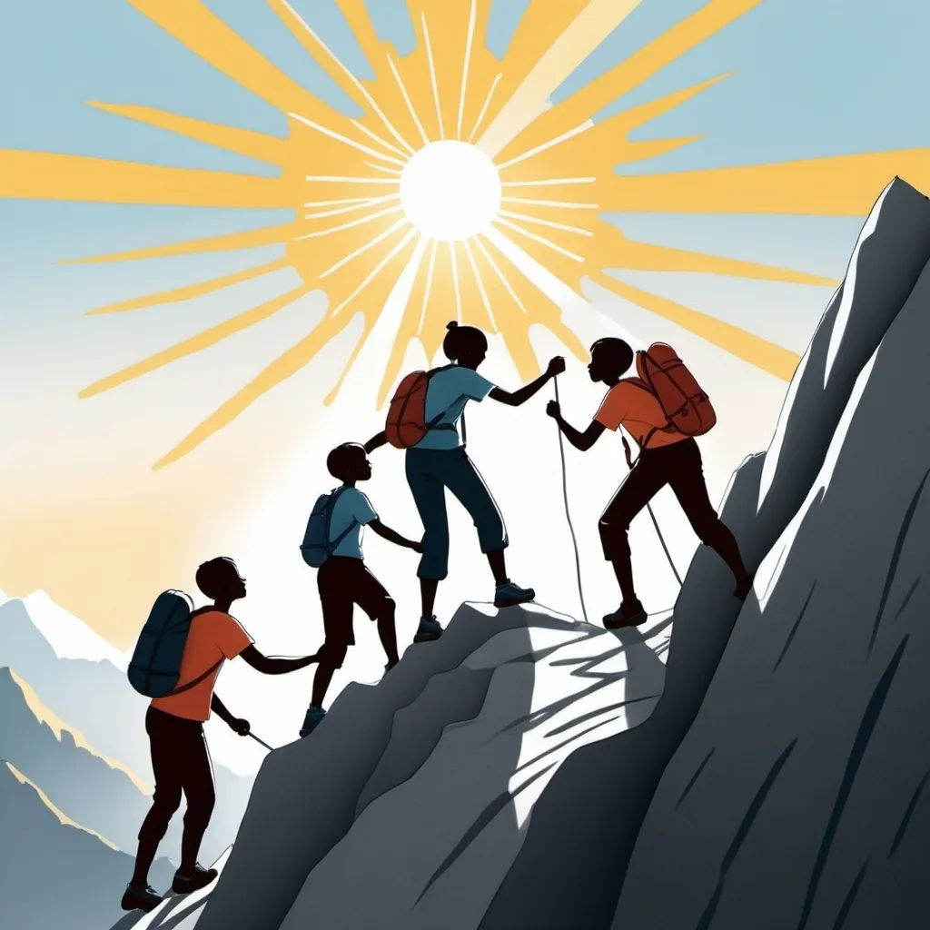 Prompt: A drawing of youth helping each other climb a  mountain, with a bright sun at the top