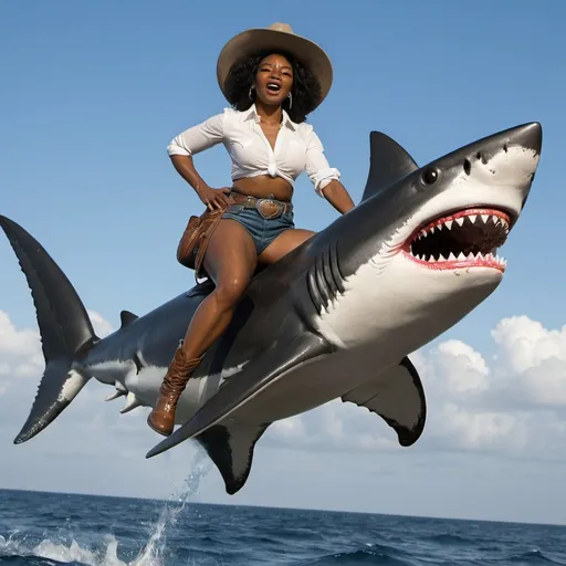 Prompt: black woman riding a flying shark like a cowboy