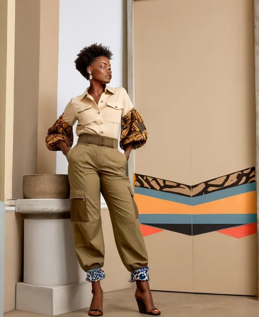 Prompt: A model wearing a safari inspired cargo pants with a safari shirt with pilot sleeves with African inspired printed cuff and button stand