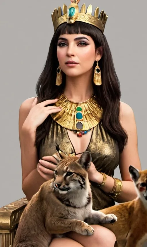 Prompt: Create a photo from my face, but with Cleopatra's clothes, makeup, and accessories, sitting on the throne, surrounded by lynxes and hummingbirds.