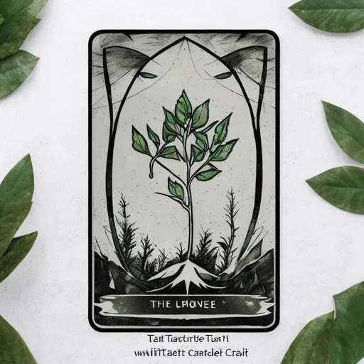 Prompt: Tarot card that represents growth with a little tree sapling. Neutral grayish tones only. Fancy tarot card like border around the edges. Ignore rendering. Low render detail. Basic sketchy drawing. No detail. Very little color. Add any empty ribbon pattern on them bottom if the card. Card only, no background or setting. Cool tshirt print. Emo/grunge style. More of a careless sketchy style. Dripping roses in the corners