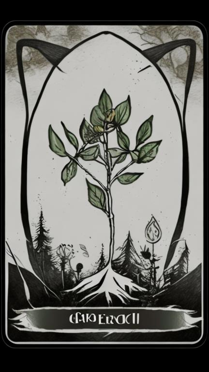 Prompt: Tarot card that represents growth with a little tree sapling. Neutral grayish tones only. Fancy tarot card like border around the edges. Ignore rendering. Low render detail. Basic sketchy drawing. No detail. Very little color. Add any empty ribbon pattern on them bottom if the card. Card only, no background or setting. Cool tshirt print. Emo/grunge style. More of a careless sketchy style. Dripping roses in the corners