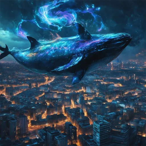 Prompt: A majestic, mystical whale glides gracefully above a bustling city. Its enormous body shimmers with iridescent colors, casting a magical glow over the skyscrapers and streets below. Surrounding the whale are mystical auras, swirling with enchanting light and energy. The whale's presence is both awe-inspiring and serene, creating a surreal contrast with the urban environment beneath it. The city lights reflect off its shimmering skin, enhancing the enchantment of the scene.

