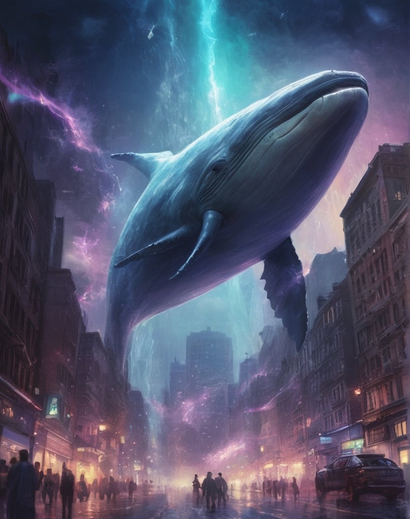 Prompt: A mystical alien whale glides through the middle of the buildings, its enormous body shimmering with iridescent colors. Surrounding the whale are mystical auras, swirling with enchanting light and energy. Its presence is both awe-inspiring and surreal, creating a striking contrast with the urban environment around it.