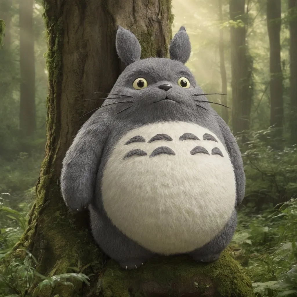 Prompt: Totoro, the beloved character from the film "My Neighbor Totoro," stands in the middle of an enchanted forest. His large, round body is covered in soft, grey fur, with a lighter belly and a big, friendly smile. Totoro's large, oval eyes and long whiskers give him a whimsical appearance, while his pointy ears and gentle demeanor exude a sense of magic and wonder. The forest around him is lush and green, filled with ancient trees and glowing spirits, creating a serene and mystical atmosphere.