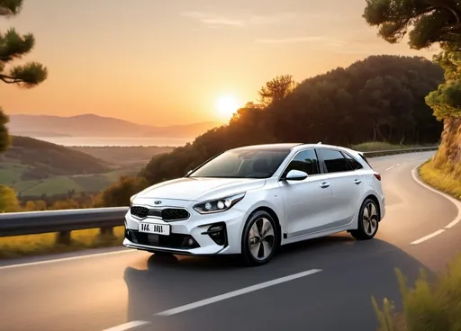 Prompt: A car White Kia ceed 2024 driving through a beautiful natural landscape at sunset. Place our logo in the center of the front door.