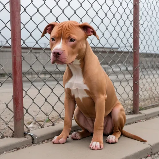 Prompt: skinny, sad red pitbull sitting on cement behind a wire fence