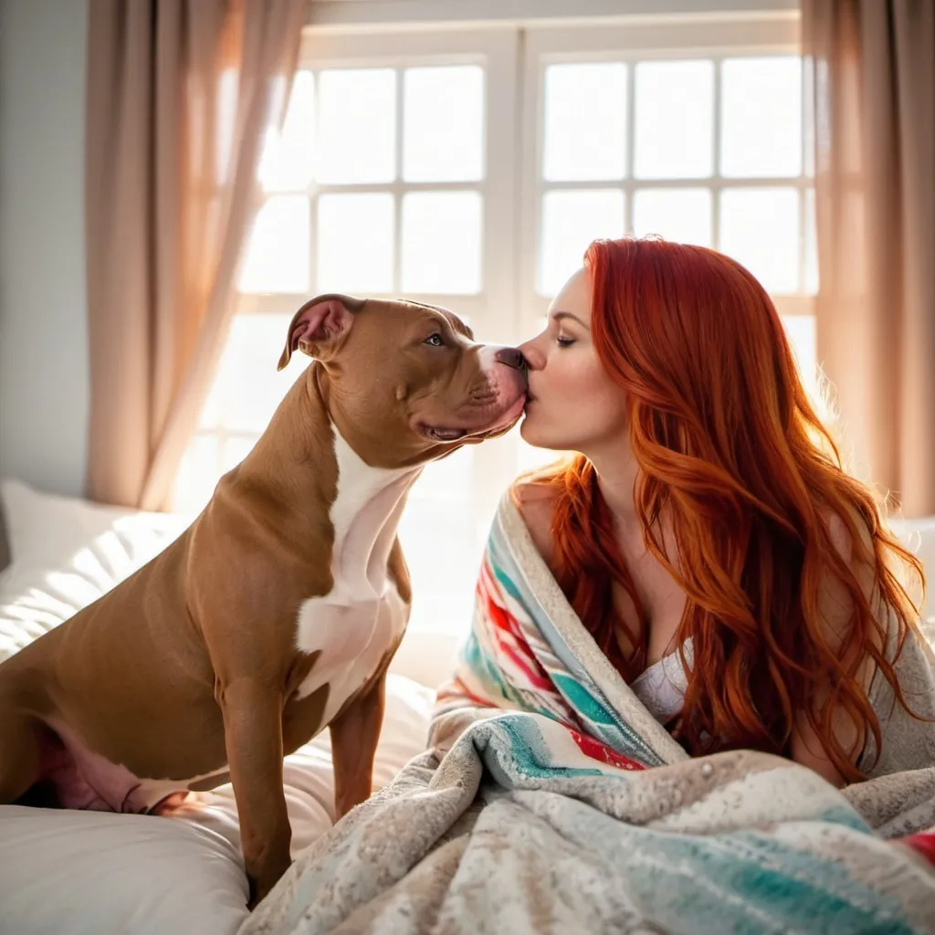 Prompt: sunrise shining through a window on a tan and white pitbull and beautiful woman with long red hair in a bed with colorful blankets and pillows dog kissing woman