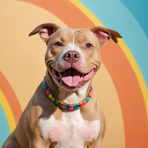 Prompt: smiling tan and white pitbull looking over its shoulder wagging its tan colored stubby tail with a colorful background