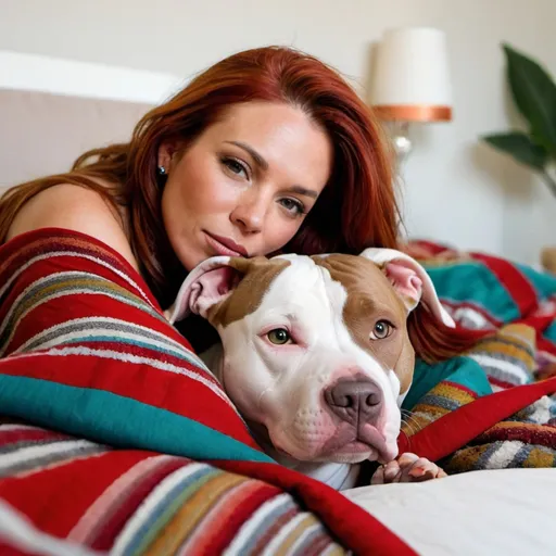 Prompt: tan and white pitbull snuggling in bed next to beautiful woman with long red hair in many colorful blankets and pillows 