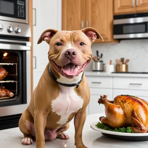 Prompt: cute smiling tan and white pitbull next to cooked rotisserie chicken with a kitchen in the background