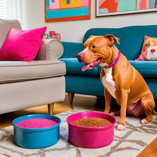 Prompt: skinny, red pitbull with fuchsia collar eating out of one large blue dog food bowl full of brown dog food, background of a cozy living room