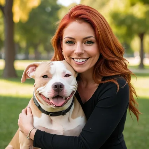 Prompt: beautiful woman with red hair hugging a smiling tan and white pitbull and a park background