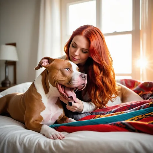 Prompt: sunrise shining through a window on a tan and white pitbull and beautiful woman with long red hair in a bed with colorful blankets and pillows dog kissing woman